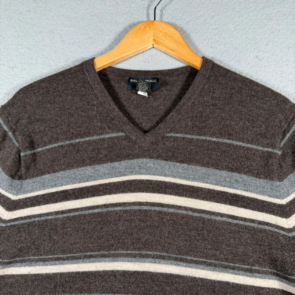 Banana Republic Merino Wool V Neck Striped Sweater Mens Large‎ Brown Blue